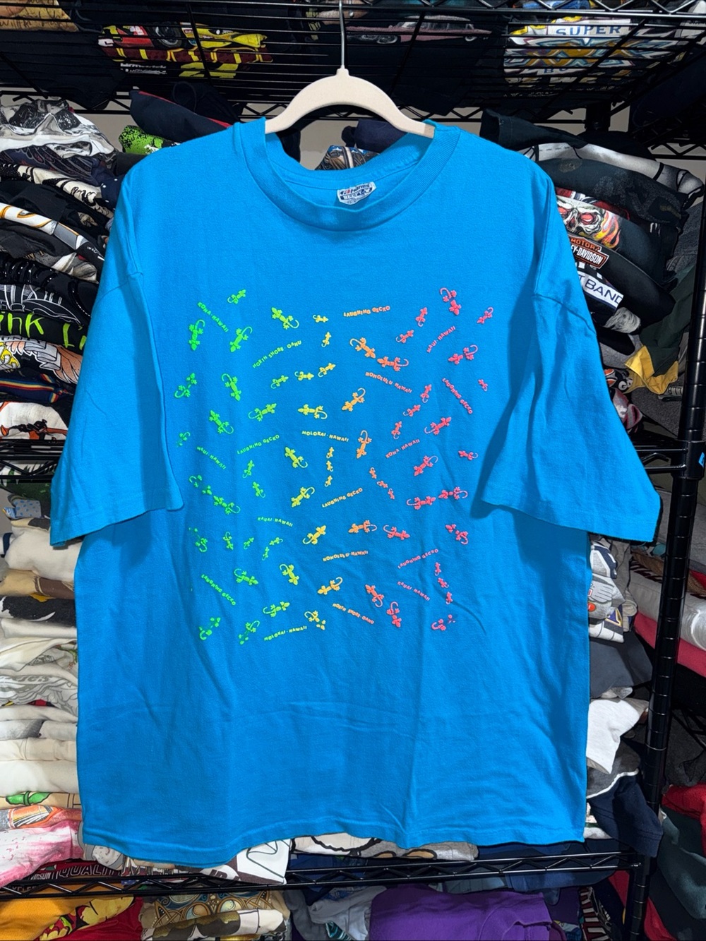 Vintage 80s Hawaii Laughing Geckos Puff Print Blue Shirt Size Xxl